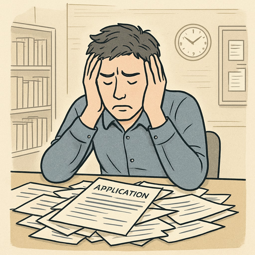 A student surrounded by a pile of papers, looking frustrated and overwhelmed by the university application process. A student overwhelmed by the complexity of the university application system.
