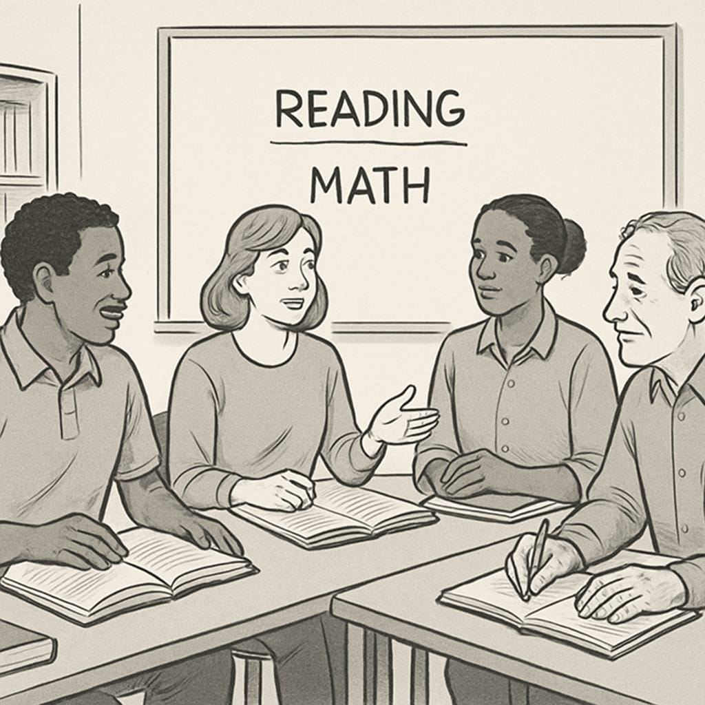 A group of adults attending a community education class, discussing foundational skills like reading and math. Adult learners discussing basic education in a community class.
