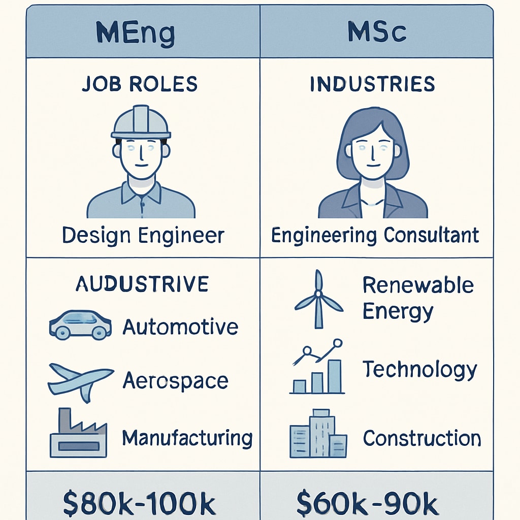 A graphic depicting potential career paths and salary ranges for MEng vs MSc graduates in the design engineering field. Career paths for MEng vs MSc graduates in design engineering