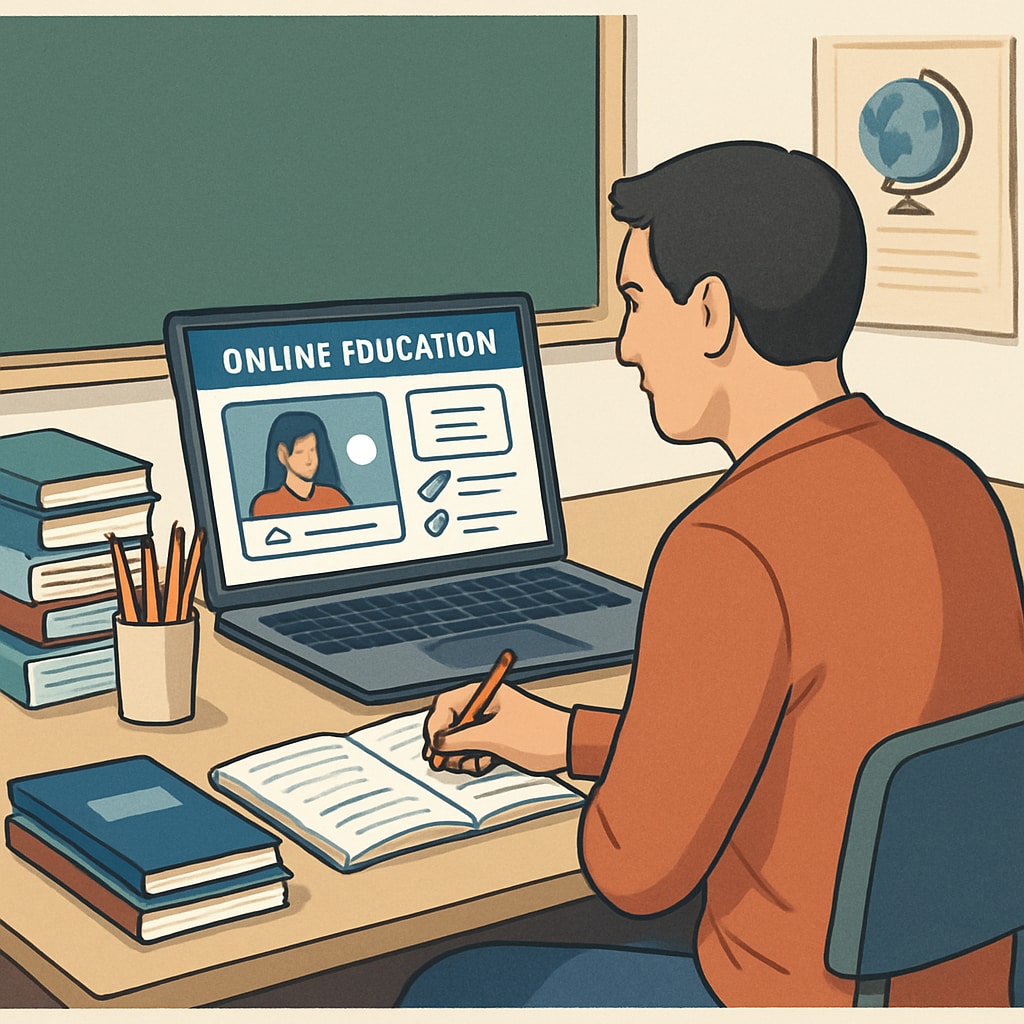 An adult learner using an online platform for basic education, surrounded by notebooks and resources. An adult engaging in online basic learning with educational materials.