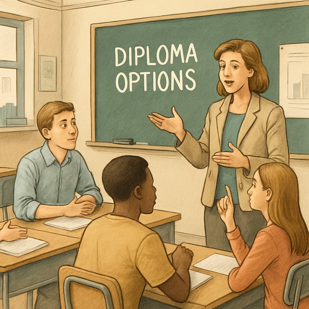 A classroom with students and a teacher discussing diploma options. A classroom scene discussing high school diploma options.
