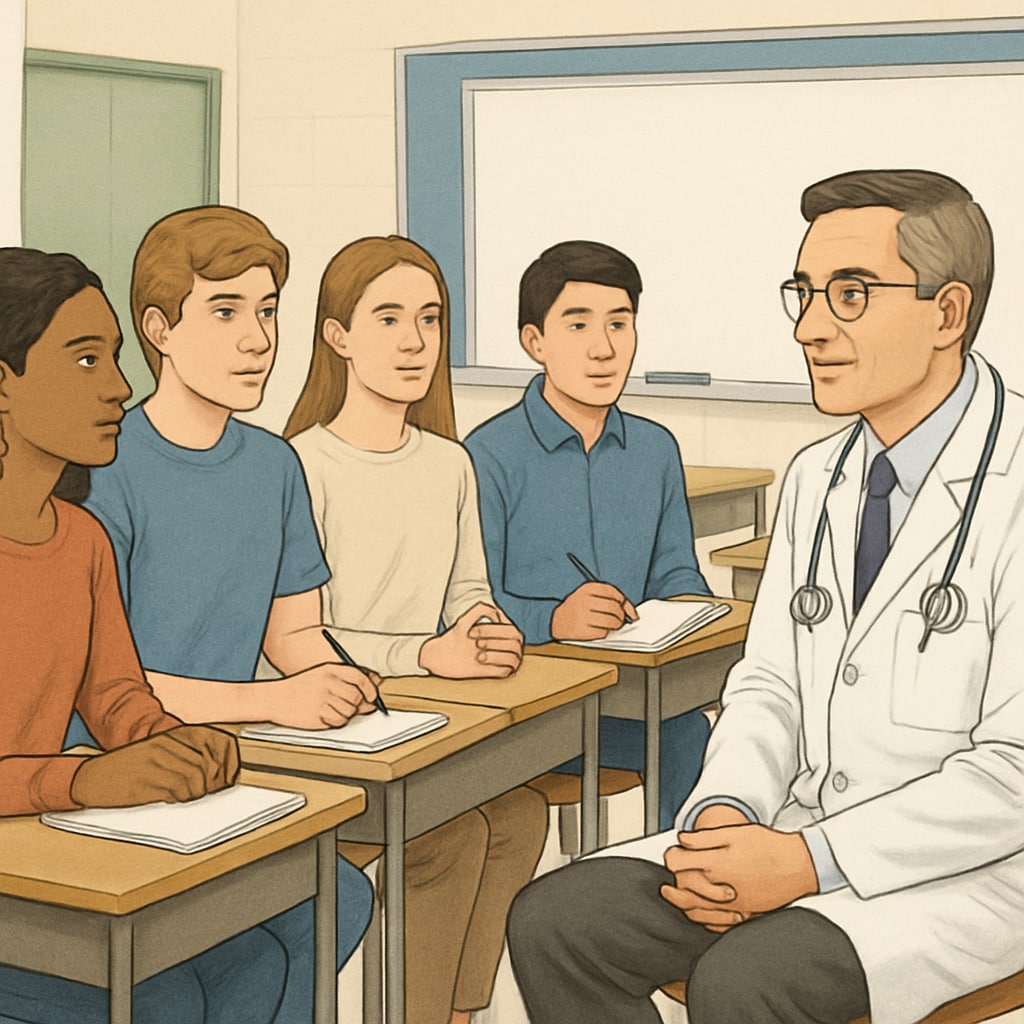 A group of high school students interviewing a doctor in a classroom setting, representing the concept of medical career exploration in education. Students interviewing a doctor for a medical career exploration school project