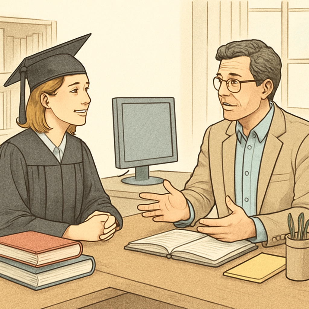 A graduate receiving guidance from a career counselor in an office setting. Graduate and career counselor discussing diploma-related advice.
