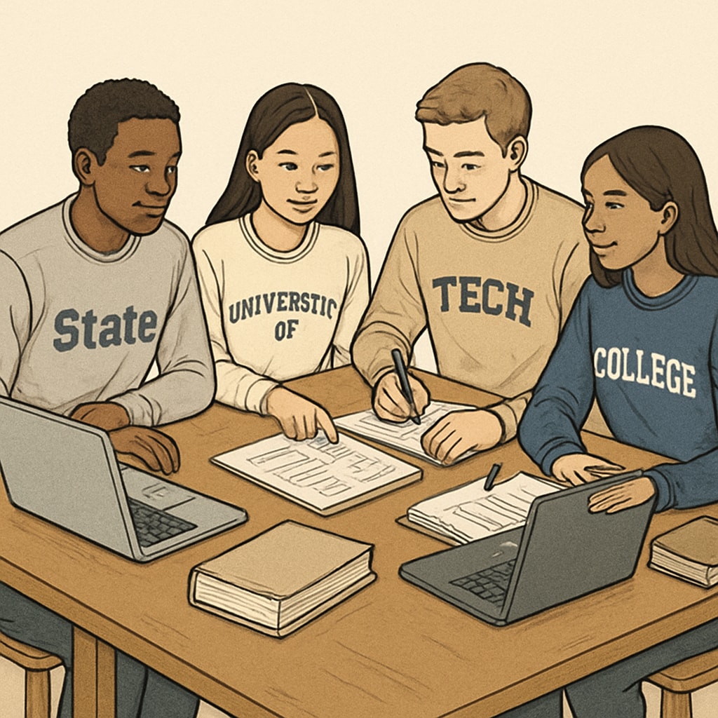 A diverse group of students from various universities collaborating on a project, symbolizing unity beyond institutional labels. Students from different universities working together, breaking university prestige bias.