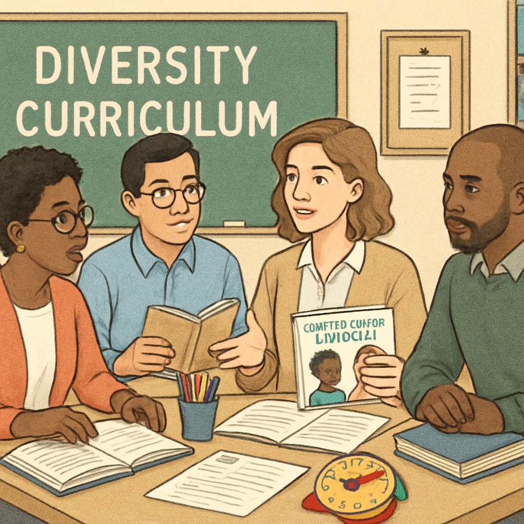 A classroom setting where teachers are discussing diversity curriculum materials, symbolizing the scrutiny faced by educators. Teachers discussing diversity curriculum materials in a classroom setting