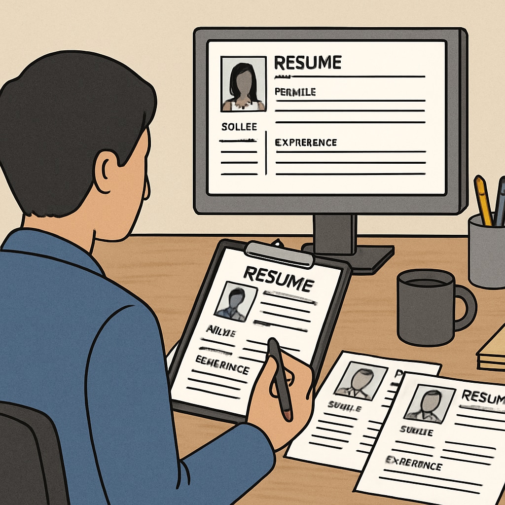 A recruiter reviewing resumes with university names hidden, highlighting skills and experience instead. Blind recruitment process focusing on skills rather than university reputation.