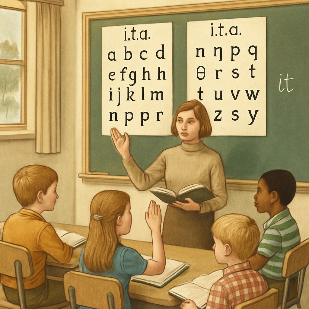 A vintage classroom scene from the 1970s, showing children learning with ITA alphabet charts. The image highlights the historical context of ITA's use in education. Children in a 1970s classroom learning with ITA alphabet charts.