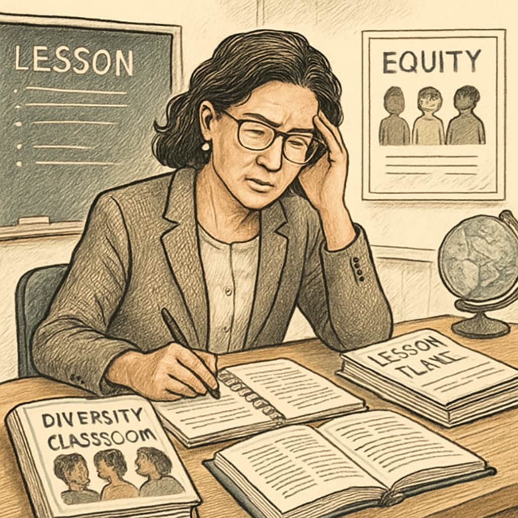 A teacher preparing lesson plans while referencing diversity-related materials, illustrating the challenges educators face due to external scrutiny. Teacher preparing diversity-related lesson plans
