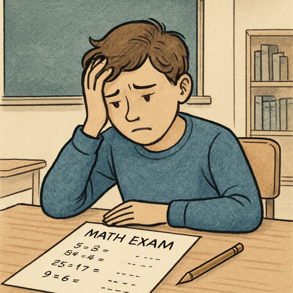 A student sitting at a desk, looking overwhelmed with a math exam sheet in front of them. This image represents the struggle with math anxiety during tests. Student experiencing math anxiety while working on a multiple-choice exam.