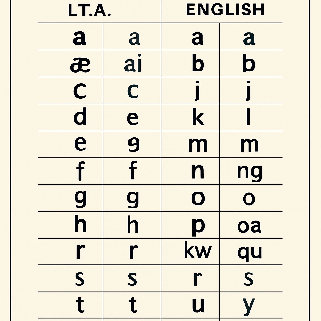 A close-up of an ITA learning chart, showing the unique phonetic symbols alongside their standard English counterparts. The chart illustrates the differences between ITA and traditional spelling. ITA learning chart with phonetic symbols and standard English spelling.