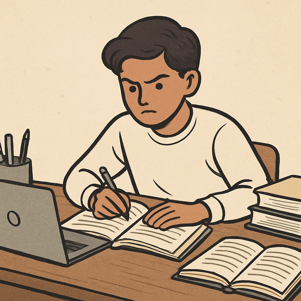 A student studying with books and a laptop, highlighting educational challenges.