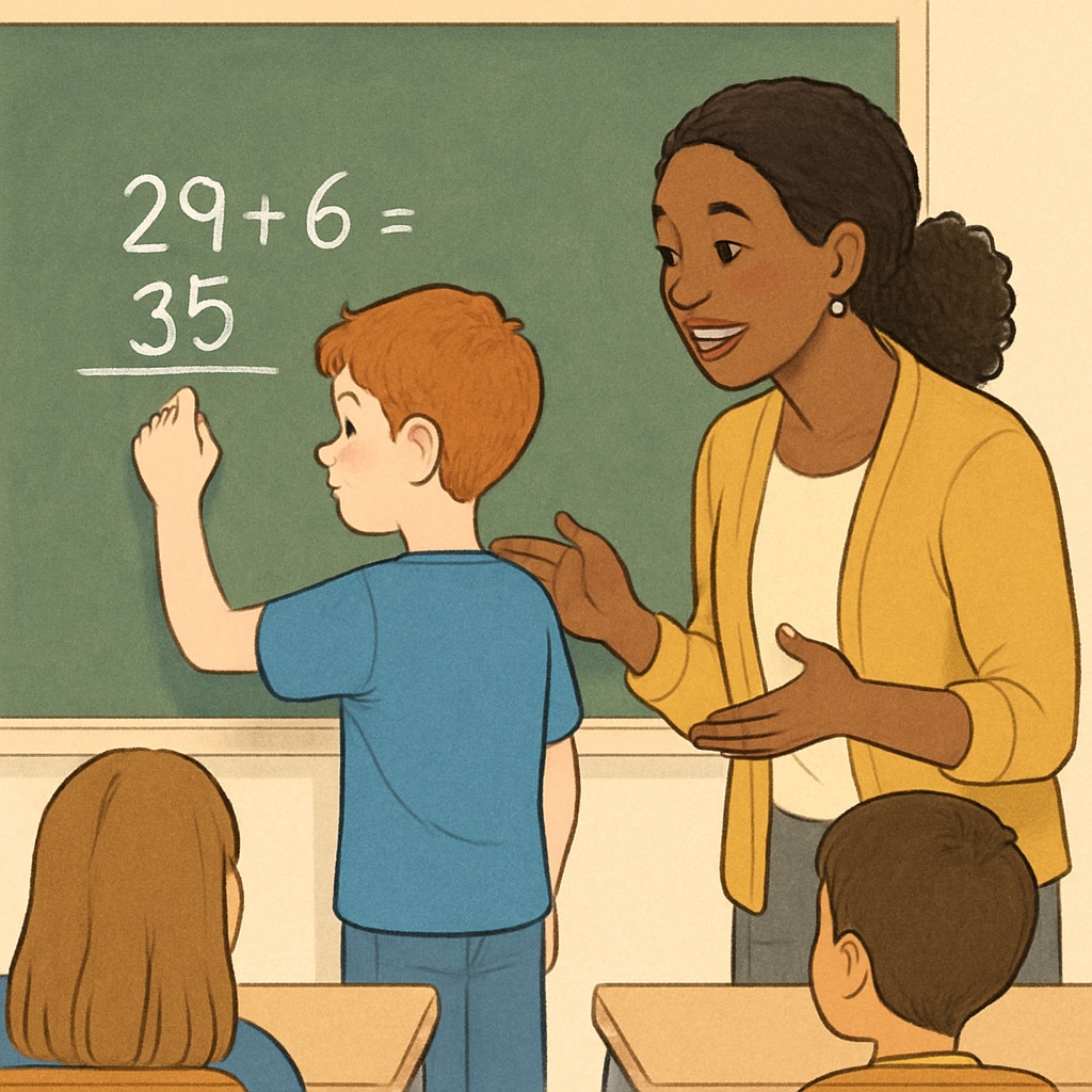 An encouraging classroom setting with a teacher helping a student work through a math problem on the board. This image reflects the support and guidance that can help overcome anxiety. Teacher assisting a student with a math problem to reduce test anxiety.