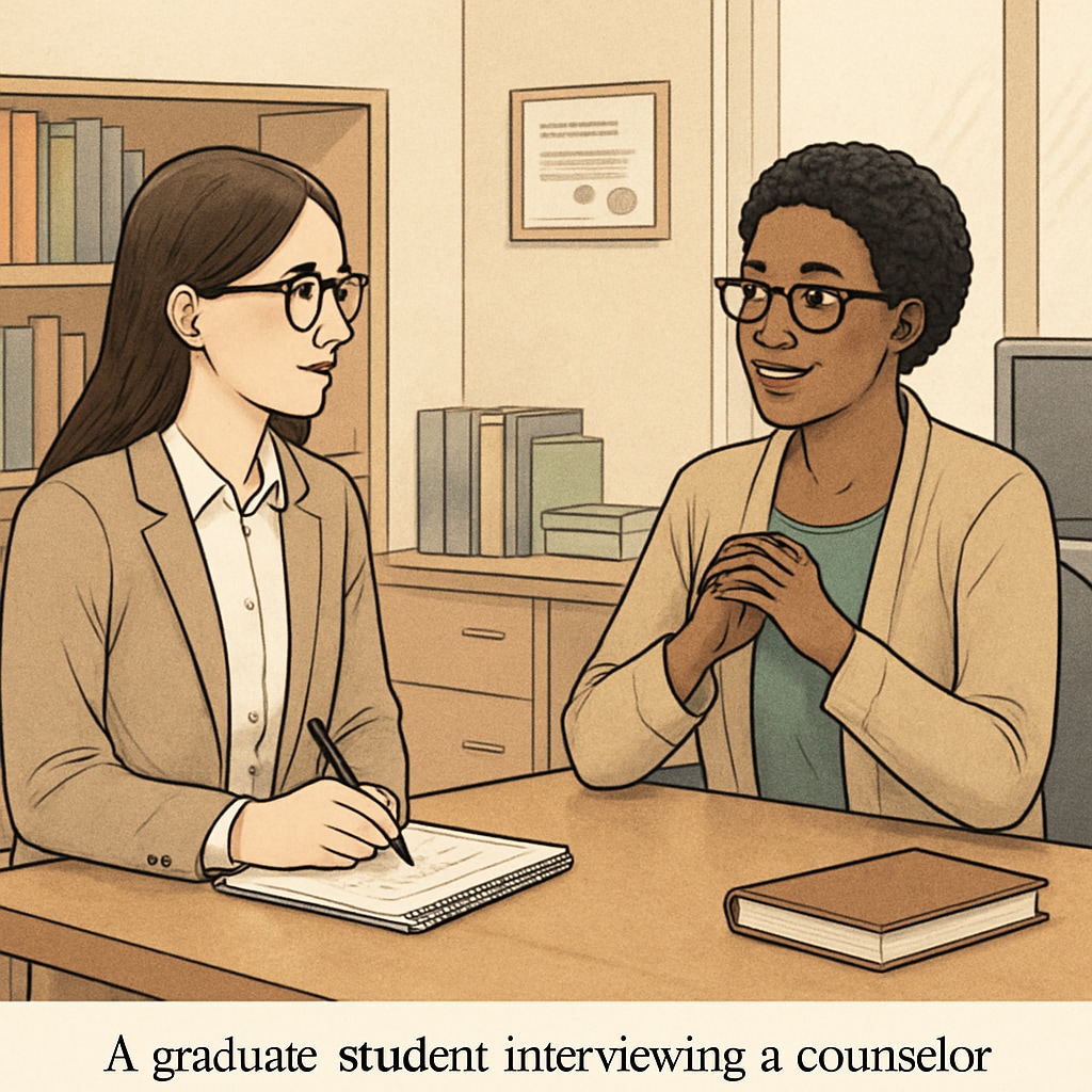 A graduate student conducting an interview with a school counselor in a professional setting. Graduate student interviewing a school counselor for research purposes.