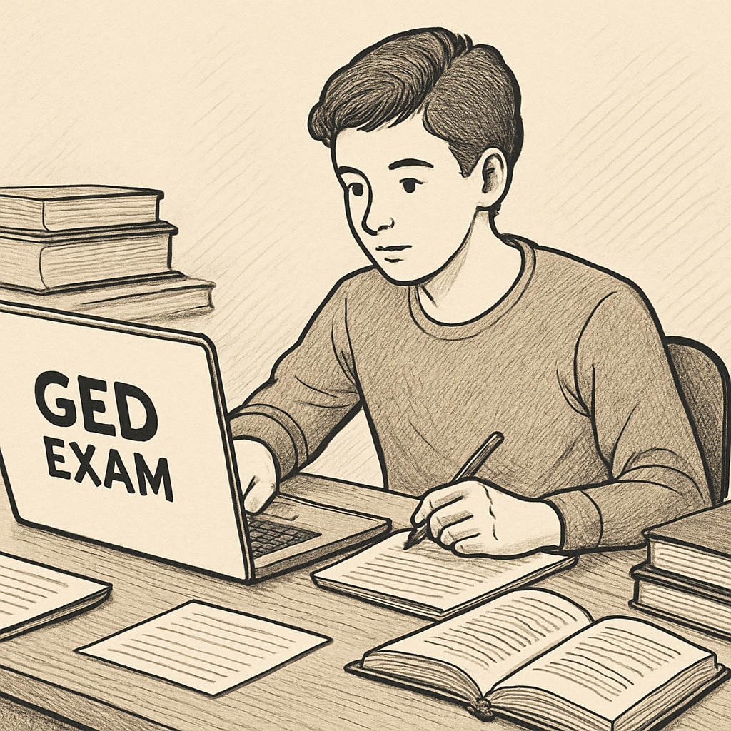 Student studying on a laptop for GED exam, emphasizing online education.
