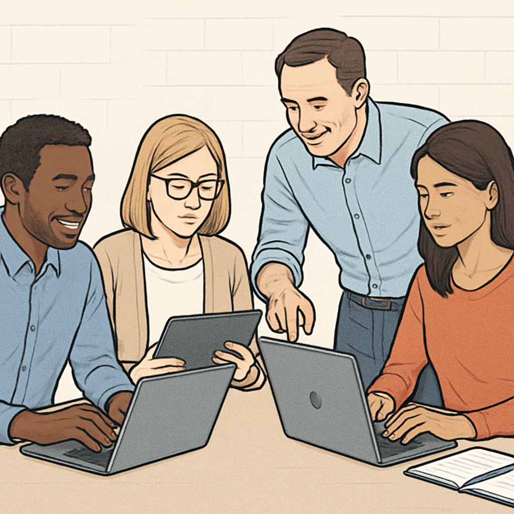 An engaging image of adult learners using laptops or tablets in a study session, emphasizing collaborative learning and the use of technology. Adult learners using technology for math and science refreshers.