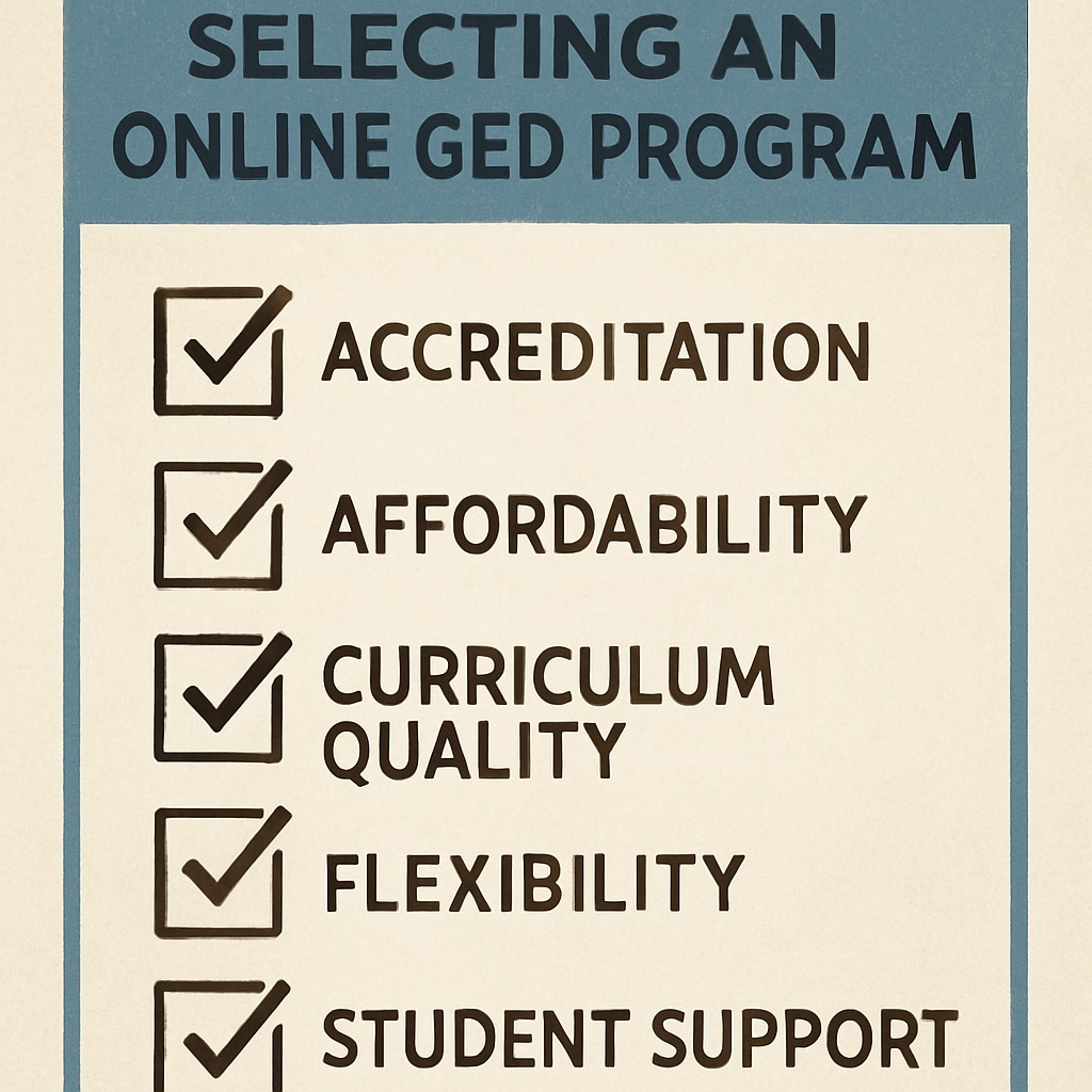 Checklist for choosing an accredited online GED program.