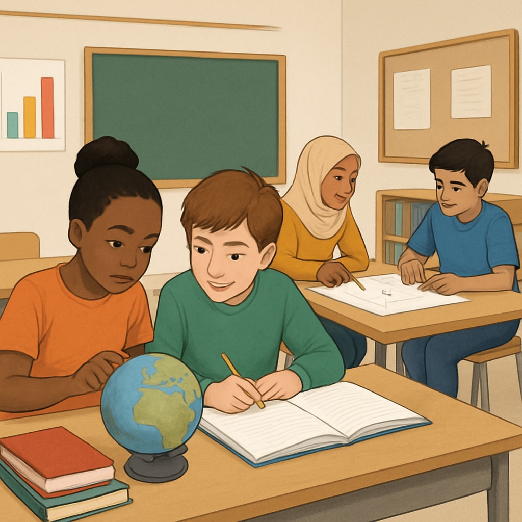 Students from various economic backgrounds working together in a classroom.