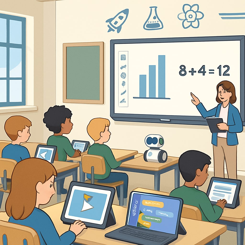 A modern classroom showcasing EdTech tools such as tablets, smartboards, and coding activities. This image emphasizes the integration of technology in education. Classroom with EdTech tools and coding activities for K12 education innovation
