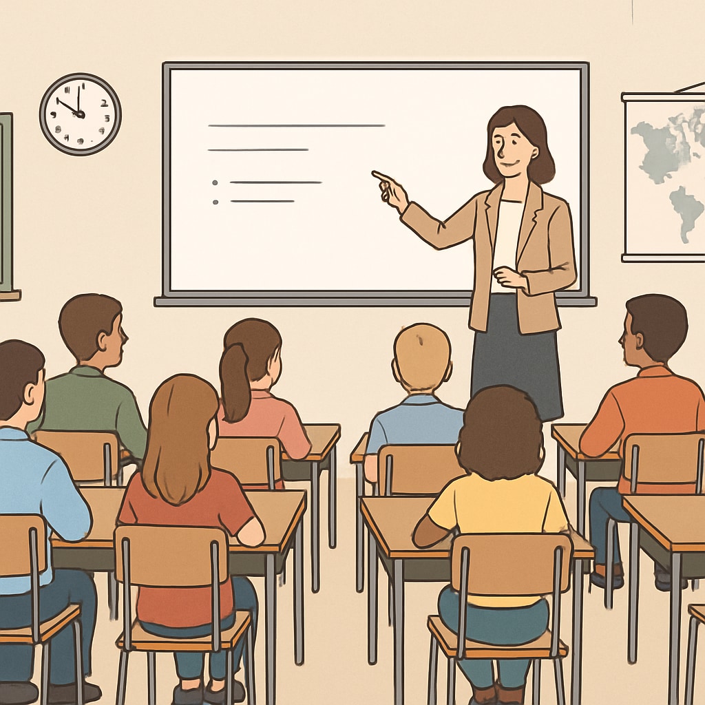 A classroom setting illustrating structured learning, with students sitting in rows and a teacher instructing at the front. Structured learning environment for K12 students.