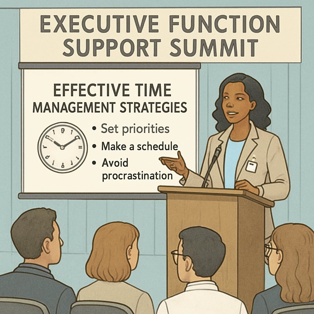 An expert speaker presenting strategies for managing time effectively during the Executive Function Support Summit. Expert speaker discussing time management at Executive Function Support Summit.