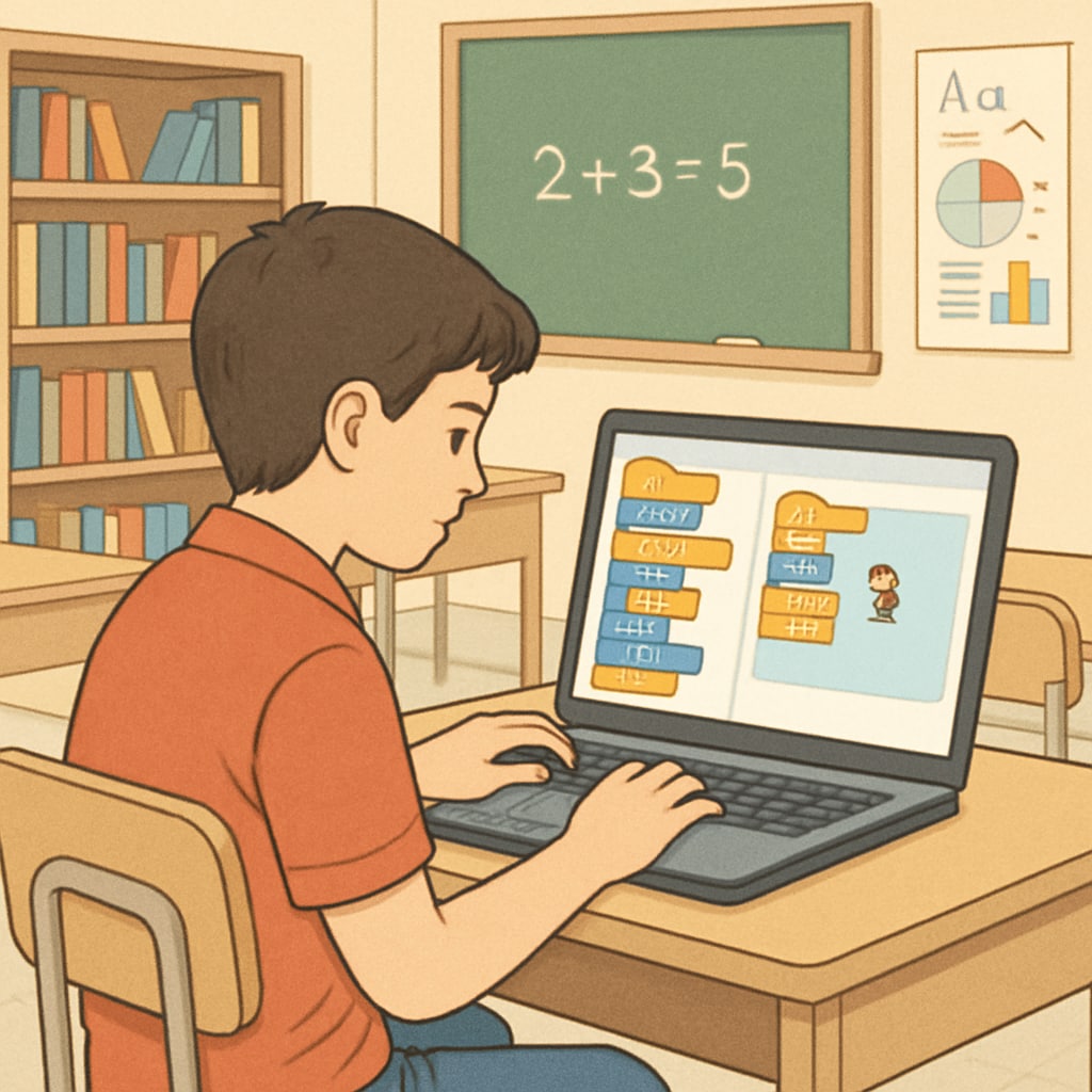 A student working on a laptop with educational coding software in a classroom setting. This image highlights the practical application of computer science knowledge in K12 education. Student using coding software in a tech-enabled classroom