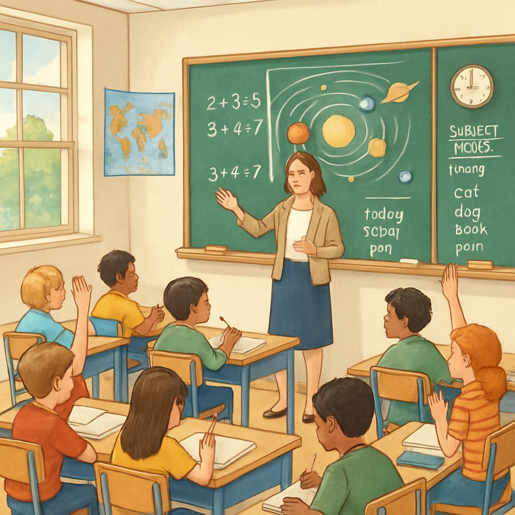 A classroom in a public school with students engaged in learning, symbolizing public education. Public school classroom with students and teacher, representing education.