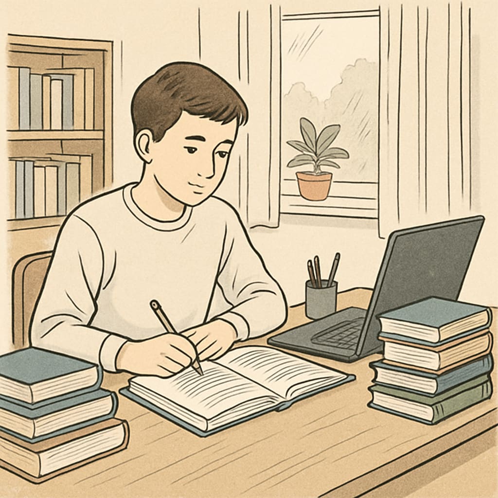A student sitting at a desk at home, surrounded by books and a laptop, symbolizing self-directed learning. Self-directed learning setup for K12 students.