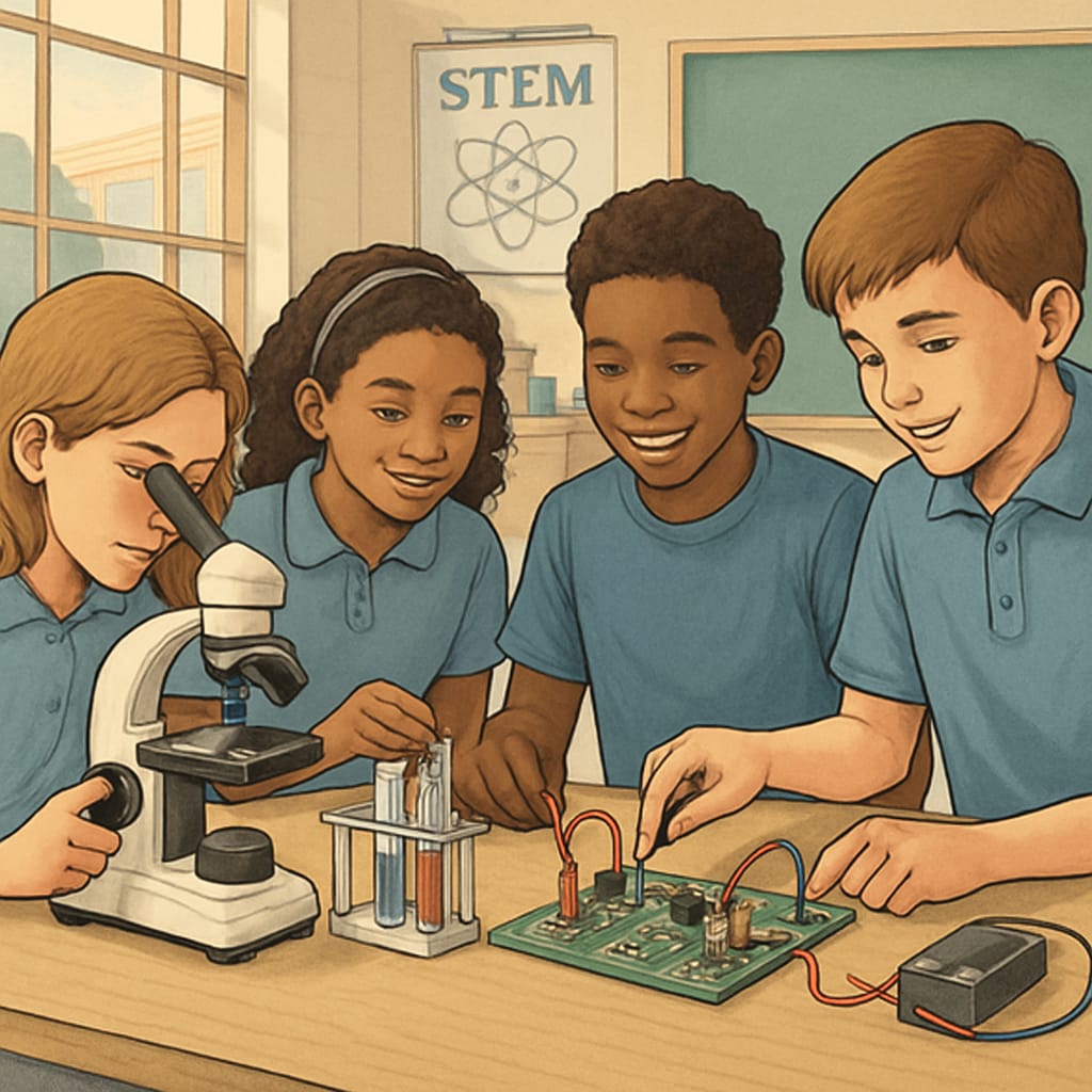 Public school students participating in a STEM lab activity, reflecting innovation in curriculum. Students in a public school STEM lab, showcasing innovative education programs.