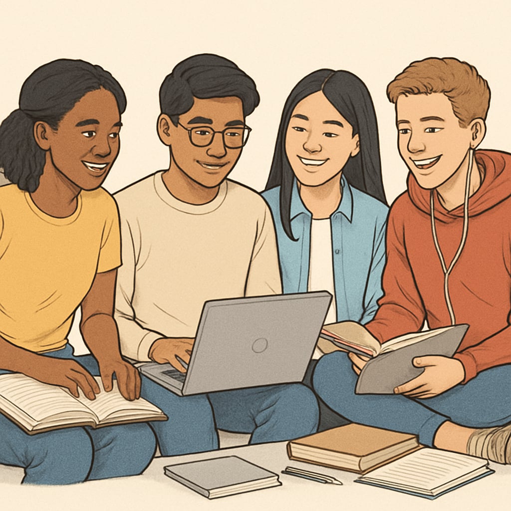 A group of international students smiling while studying online, representing diversity and affordability in education. International students studying online, symbolizing affordable education for Latin American students.