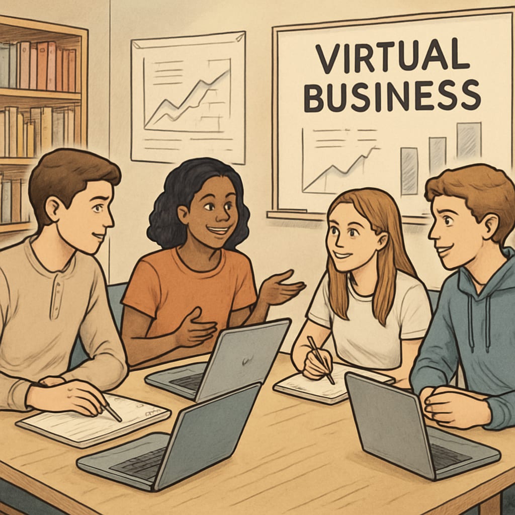 A group of teens participating in a virtual business education program, showcasing collaboration and learning in action. Teens learning business basics through a virtual course focused on collaboration and entrepreneurship.