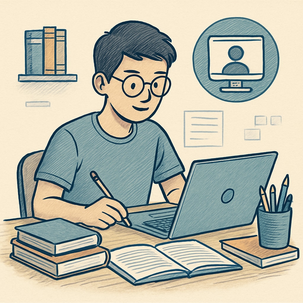 A student working on a laptop with study materials, symbolizing online education and accessibility. A student using a laptop for online study, representing accessible and affordable education options.