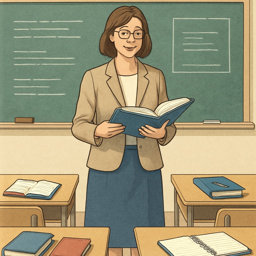 A teacher standing before a classroom, holding a textbook, symbolizing the educational environment in the United States. Teacher in a classroom, representing U.S. education.
