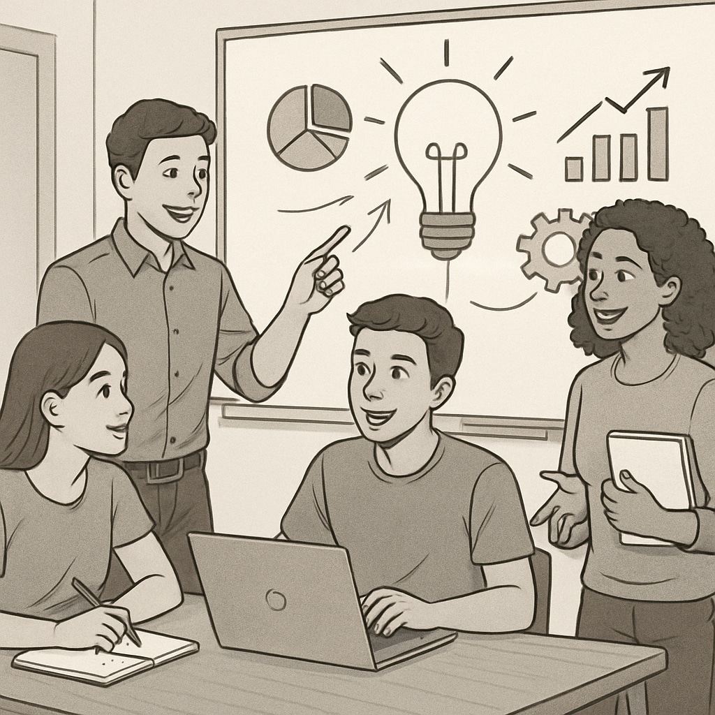 A vibrant illustration of young entrepreneurs brainstorming ideas for a project, highlighting the creativity fostered by the course. Illustration of teens brainstorming creative business ideas during a virtual course session.