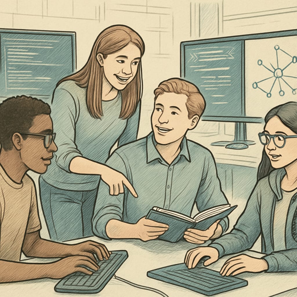 A group of students collaborating on cybersecurity projects in a university lab setting. The image should depict teamwork and advanced technology. Students working on cybersecurity projects in a university lab.