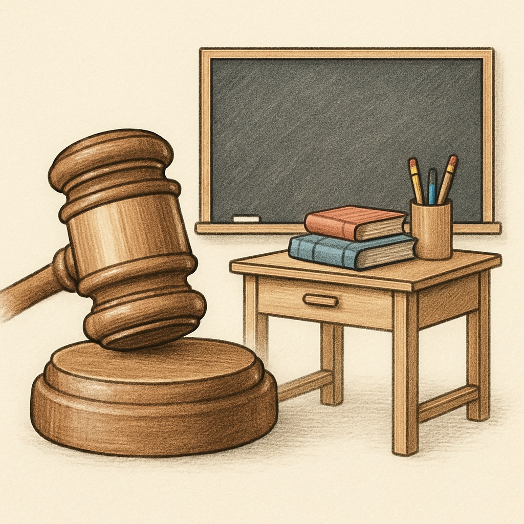 A legal gavel and a teacher’s desk, symbolizing the intersection of law and education. Legal gavel and teacher desk, illustrating education policy debates.