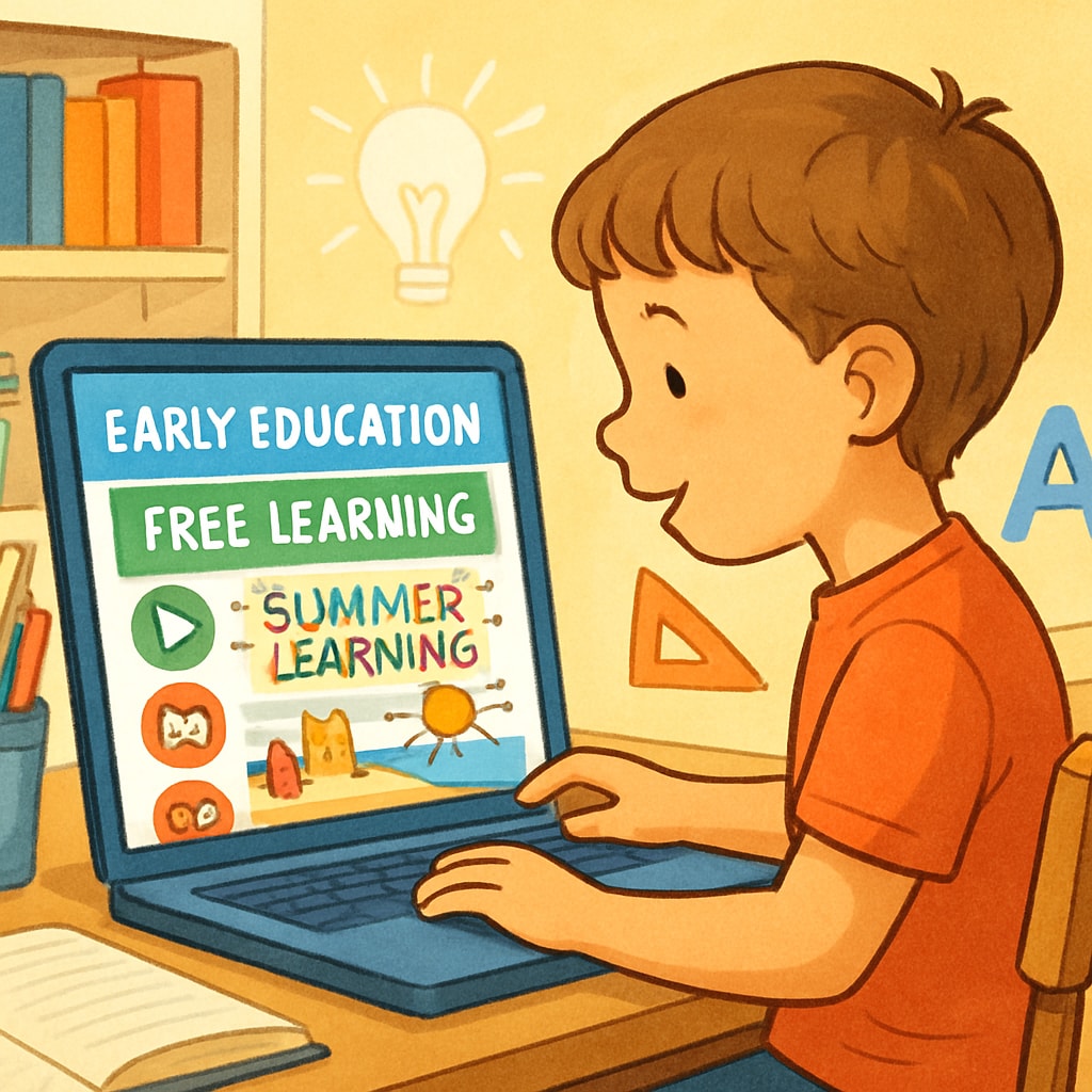 A young child using a laptop to explore educational content on a colorful website, symbolizing early education, free websites, and summer learning. Child using a laptop for early education on free websites during summer learning.