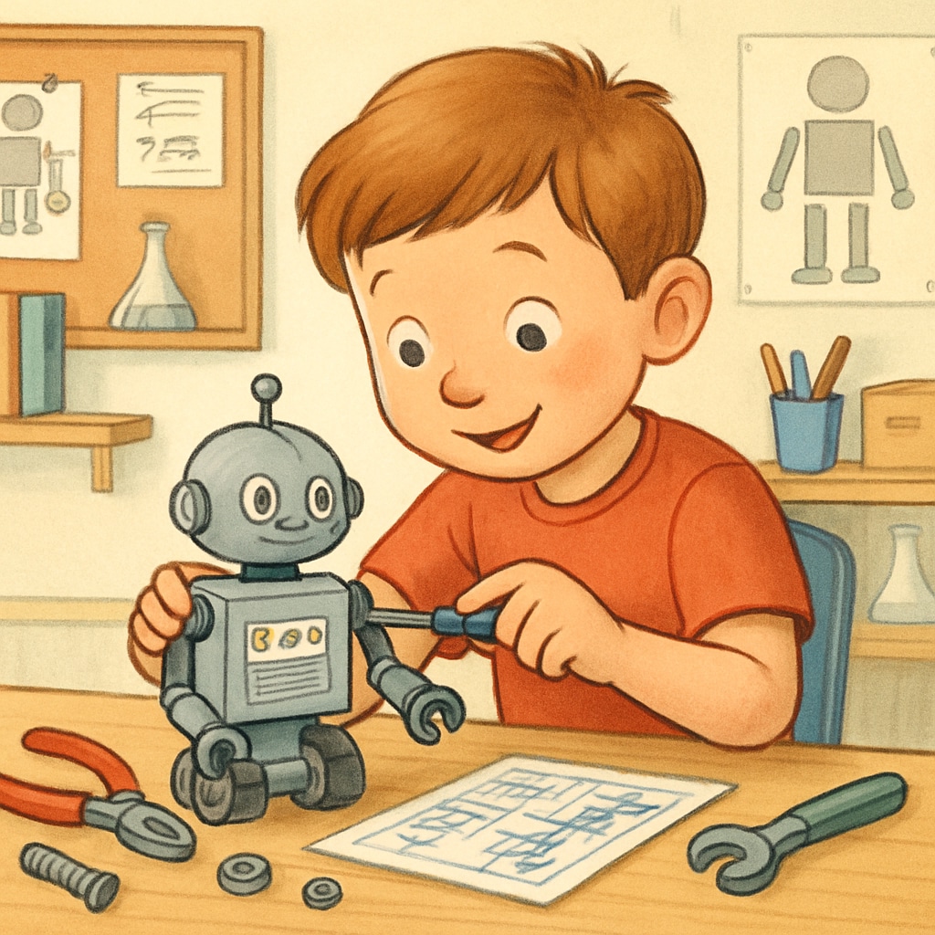 A young child actively building a robot with tools in a creative learning environment, showcasing hands-on education methods. Hands-on education for creativity and early STEM learning in children.