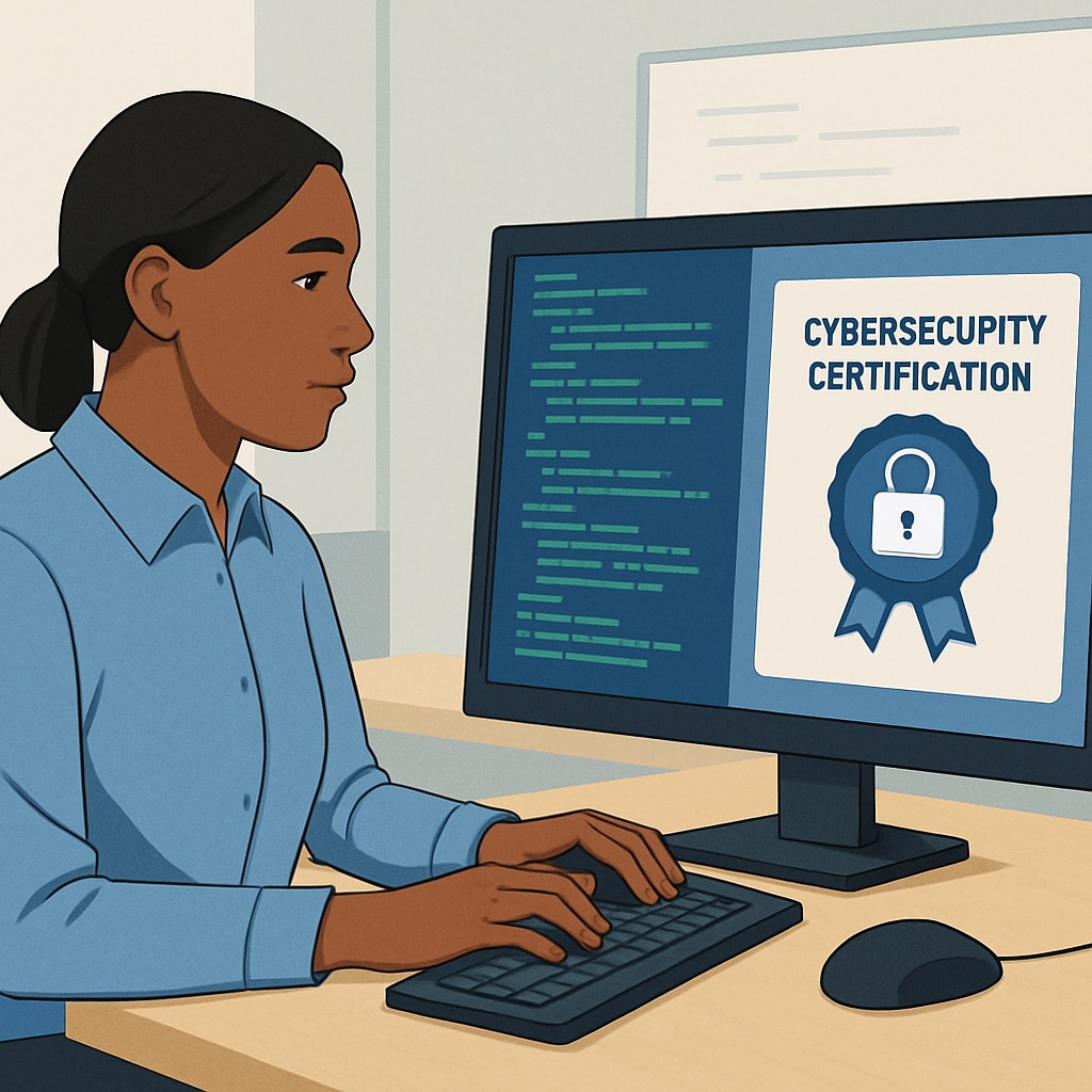 A close-up of a student earning a cybersecurity certification with digital code displayed on a screen. The image should emphasize professional skill-building. Student obtaining cybersecurity certification with digital code display.