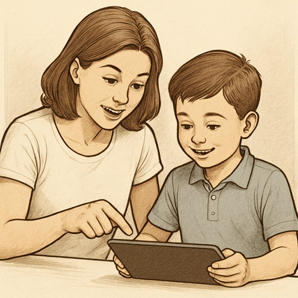 A parent and child working together on an educational activity on a tablet, emphasizing family involvement in early education, free websites, and summer learning. Parent and child learning together on a tablet, highlighting early education and free websites.