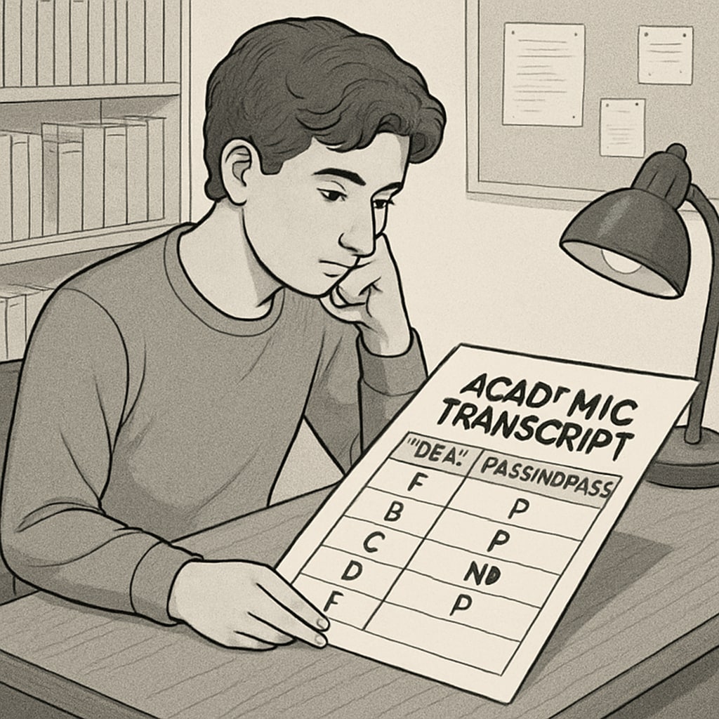 A college student reviewing their transcript, showcasing a comparison between GPA and P/NP grades. College transcript showing GPA and P/NP grades