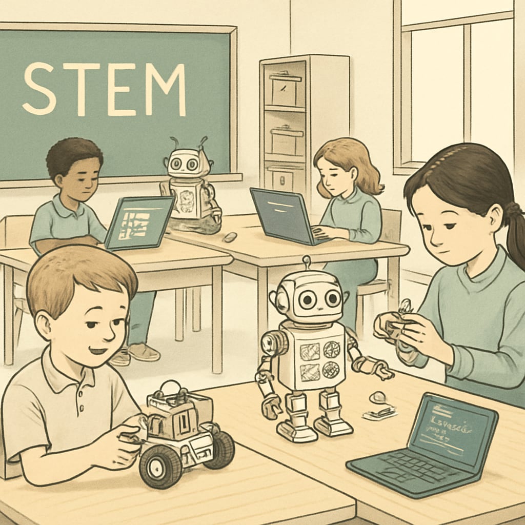 A classroom setting where children participate in STEM activities, such as robotics and coding projects, highlighting alternative education methods. Early STEM education for hands-on learners in a classroom environment.