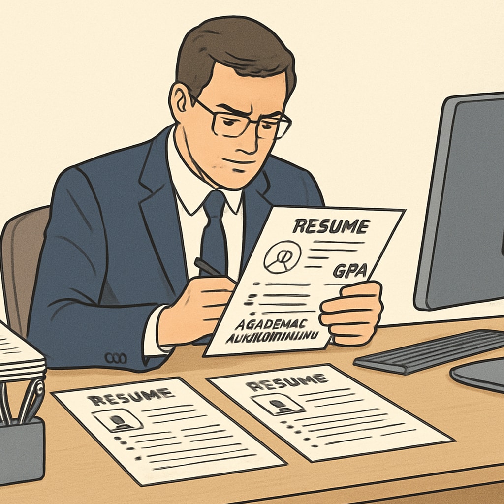 A recruiter analyzing resumes, focusing on GPA and academic achievements. Recruiter reviewing resumes with GPA prominently displayed
