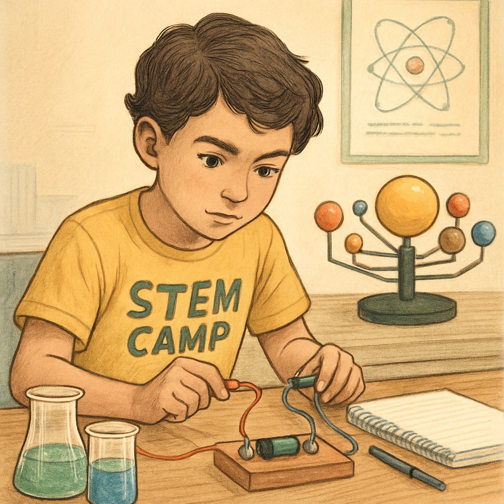 A young student immersed in a science project at a STEM camp, showcasing curiosity and engagement. Gifted student at STEM camp working on a project