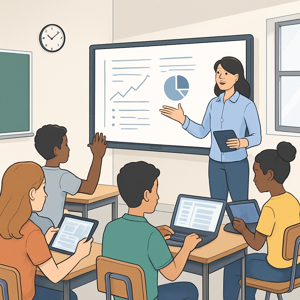 An image depicting a teacher and students in a modern classroom, with digital tools being used to support learning. A teacher and students using digital tools in a modern classroom.