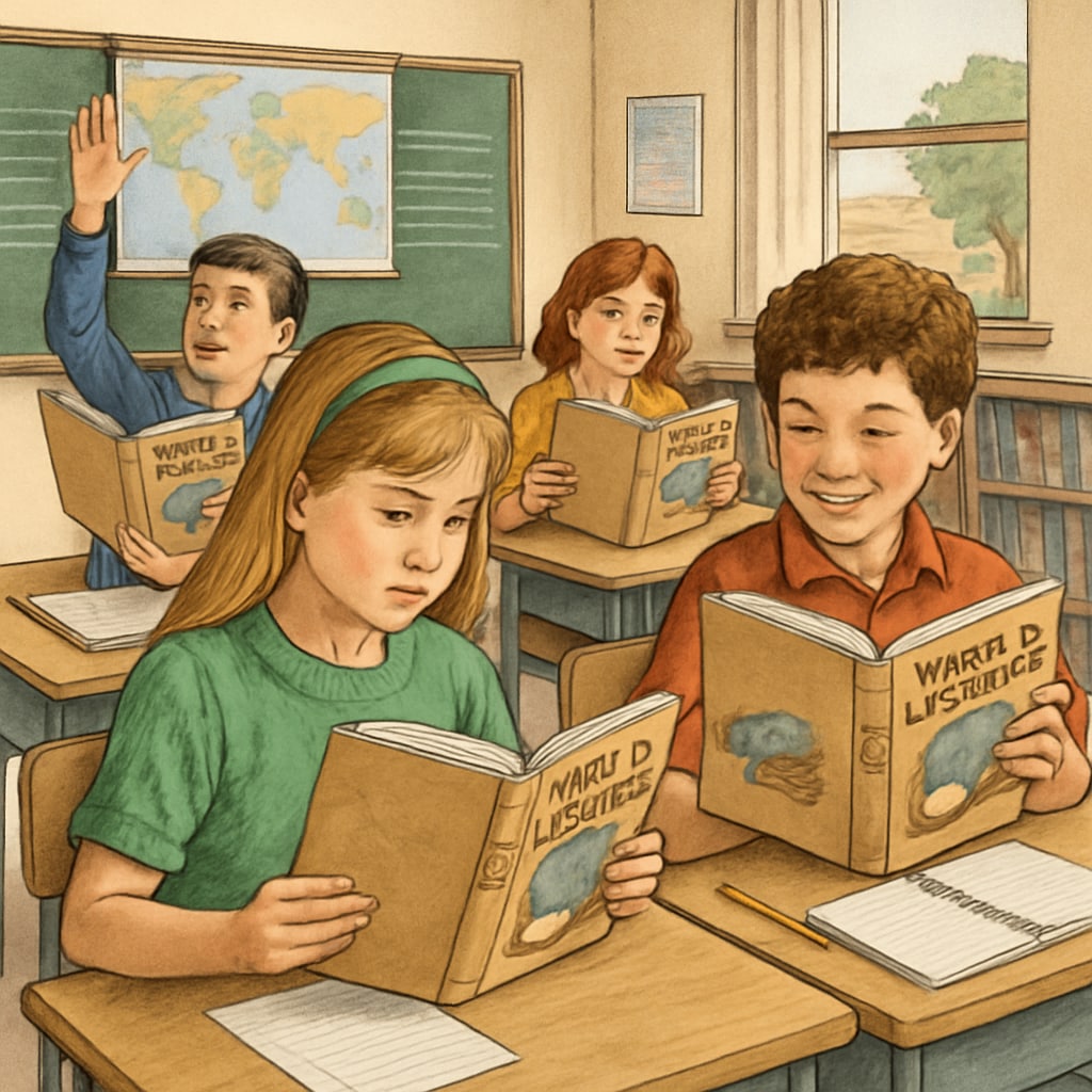 A classroom scene from the 1990s showing students using the Students in a 1990s classroom using the
