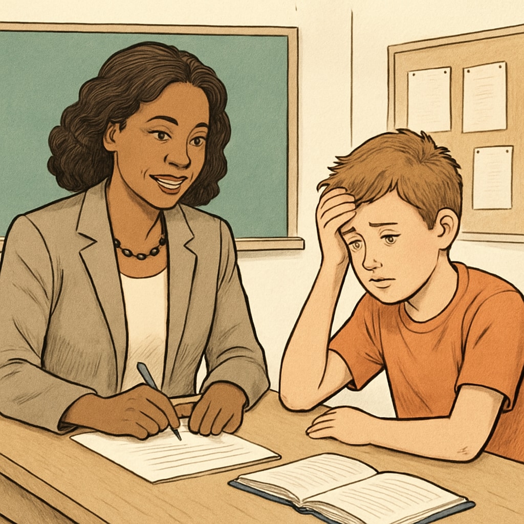 A school counselor sitting with a young student, discussing academic and personal challenges. School counselor supporting a gifted student emotionally