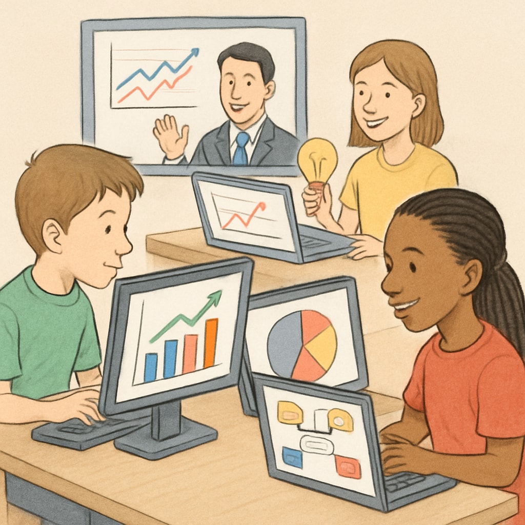 A group of young students engaged in a virtual business workshop, with charts and creative tools visible on their screens. Young students learning about business concepts in an online workshop.