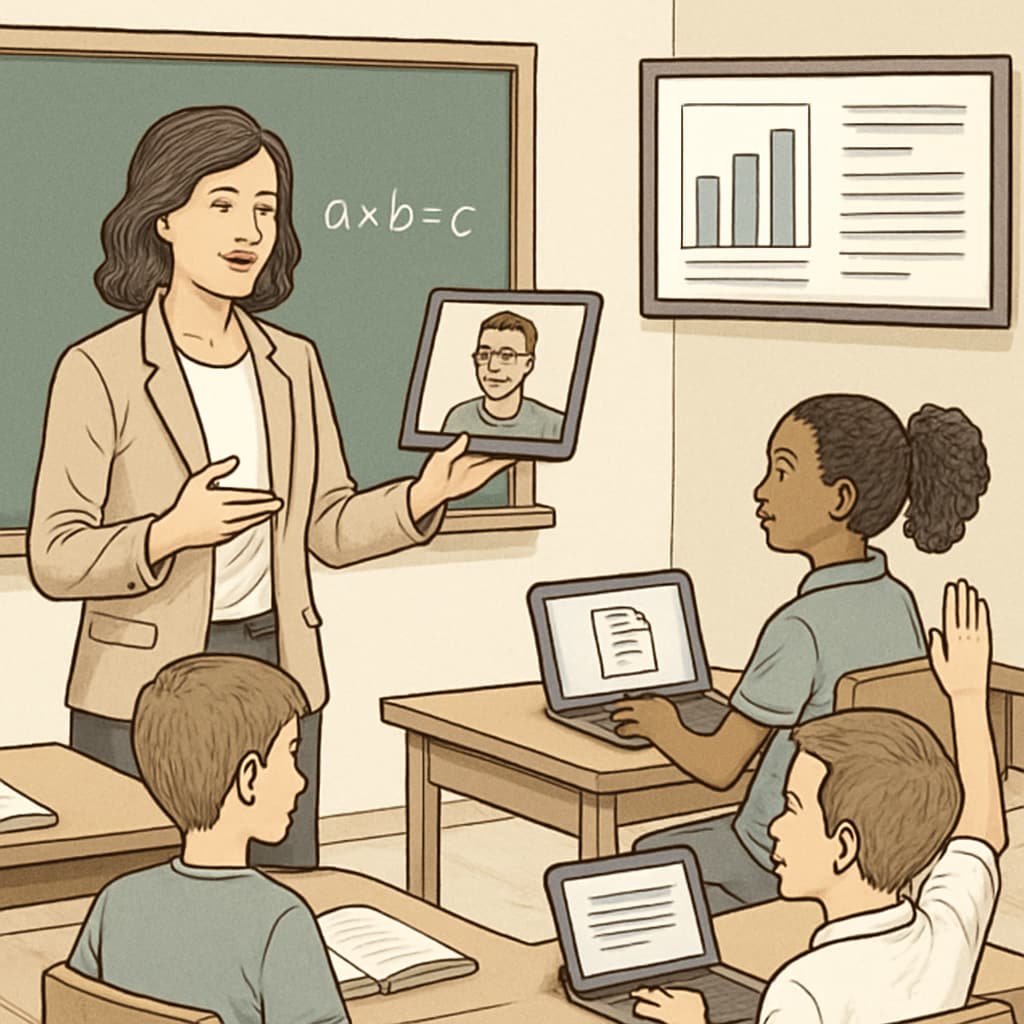 A close-up image of a teacher using a tablet to interact with students in a blended learning environment. A teacher using a tablet in a blended learning classroom.