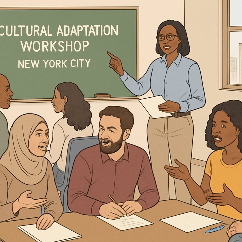 A classroom setting with adult learners participating in a cultural adaptation workshop in New York City. Adult learners in a New York classroom engaging in cultural adaptation education.