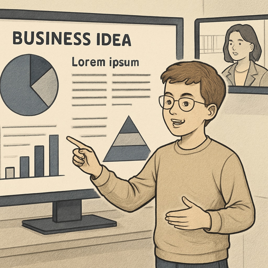 A young student presenting a mock business pitch during a virtual workshop, using slides and visual aids to explain their idea. A student pitching a business idea during an online course.